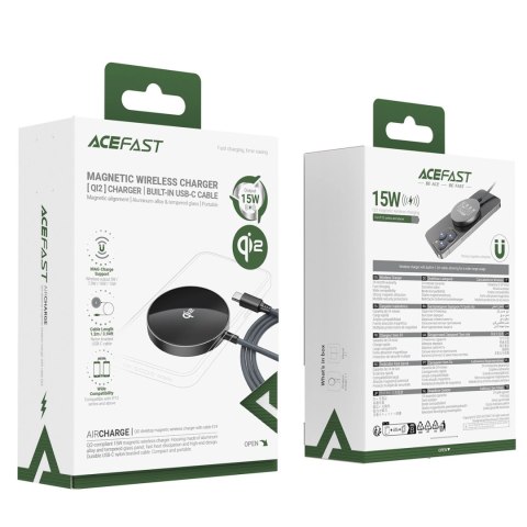 Ładowarka indukcyjna Acefast E24 Qi2 15W magnetyczna z kablem USB-C 1.2m - czarna