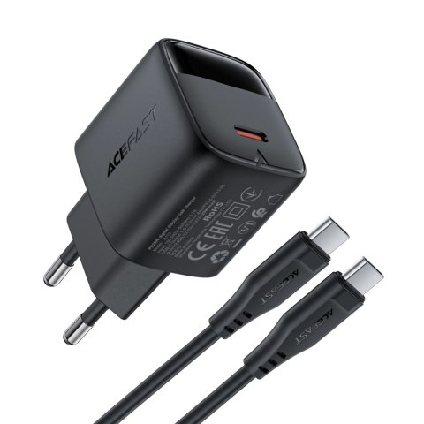 Ładowarka sieciowa Acefast A113 GaN PD 20W USB-C z wyświetlaczem z kablem USB-C - czarna