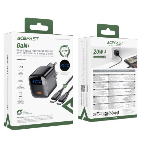 Ładowarka sieciowa Acefast A113 GaN PD 20W USB-C z wyświetlaczem z kablem USB-C - czarna