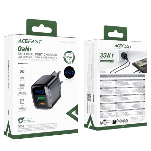 Ładowarka sieciowa Acefast A116 GaN PD 35W USB-A USB-C z wyświetlaczem - czarna