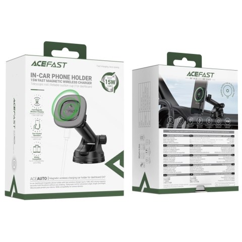 Uchwyt magnetyczny Acefast D47 z ładowarką bezprzewodową na deskę rozdzielczą - czarny