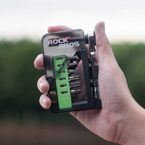 Zestaw narzędzi rowerowych Rockbros z mini grzechotką i bitami - półprzezroczysty, zielony