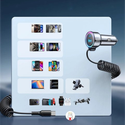 Ładowarka samochodowa 3w1 Joyroom JR-CL07 72W z kablem USB-C 1.6m - czarna