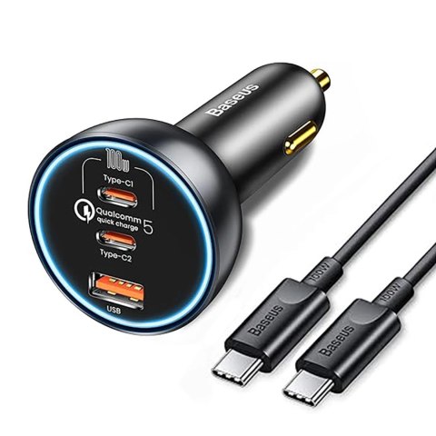 Ładowarka samochodowa Baseus 160W z technologią Qualcomm® Quick Charge™ 5 2xUSB-C 1xUSB-A - szara