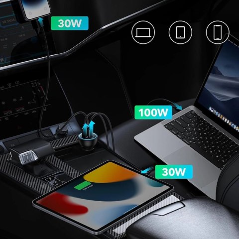 Ładowarka samochodowa Baseus 160W z technologią Qualcomm® Quick Charge™ 5 2xUSB-C 1xUSB-A - szara