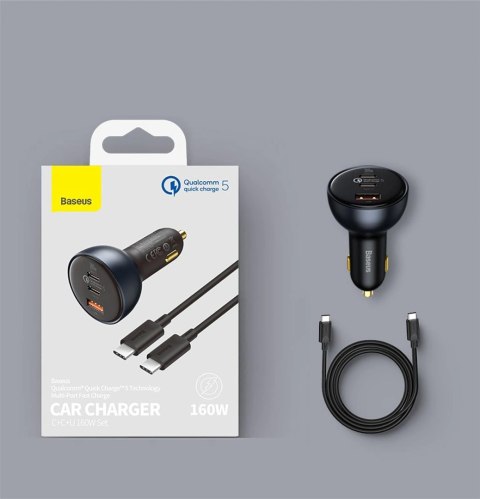 Ładowarka samochodowa Baseus 160W z technologią Qualcomm® Quick Charge™ 5 2xUSB-C 1xUSB-A - szara