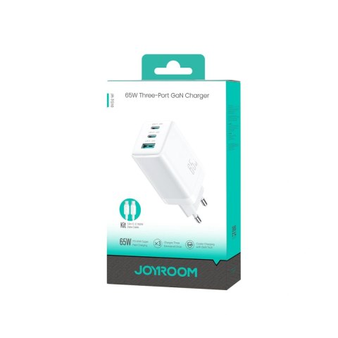 Ładowarka sieciowa Joyroom JR-TG10 65W GaN 2x USB-C + USB-A z kablem 100W USB-C - USB-C 1.2m - biała