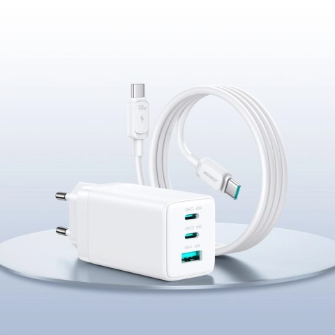 Ładowarka sieciowa Joyroom JR-TG10 65W GaN 2x USB-C + USB-A z kablem 100W USB-C - USB-C 1.2m - biała