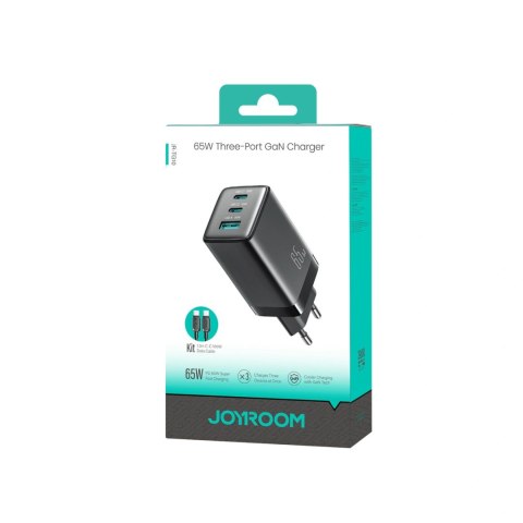 Ładowarka sieciowa Joyroom JR-TG10 65W GaN 2x USB-C + USB-A z kablem 100W USB-C - USB-C 1.2m - czarna