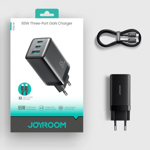 Ładowarka sieciowa Joyroom JR-TG10 65W GaN 2x USB-C + USB-A z kablem 100W USB-C - USB-C 1.2m - czarna