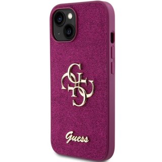 Etui Guess Glitter Script Big 4G na iPhone 15 - fioletowe
