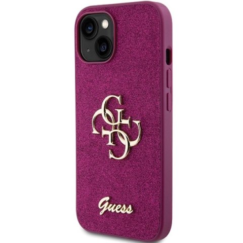 Etui Guess Glitter Script Big 4G na iPhone 15 - fioletowe