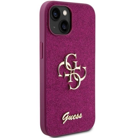 Etui Guess Glitter Script Big 4G na iPhone 15 - fioletowe