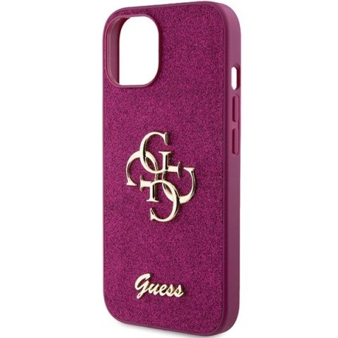Etui Guess Glitter Script Big 4G na iPhone 15 - fioletowe