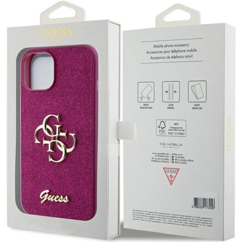 Etui Guess Glitter Script Big 4G na iPhone 15 - fioletowe