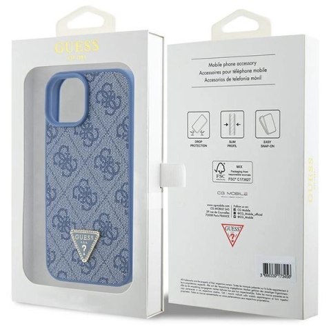Etui Guess Leather 4G Triangle Strass do iPhone 15 - niebieskie