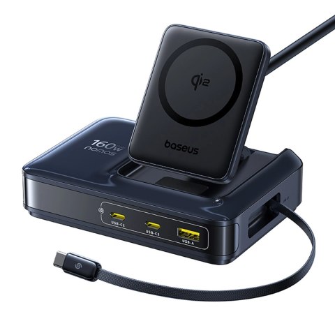 Stacja ładująca Baseus Nomos NH21 Qi2 160W 5w1 bezprzewodowa ze zwijanym kablem - czarna