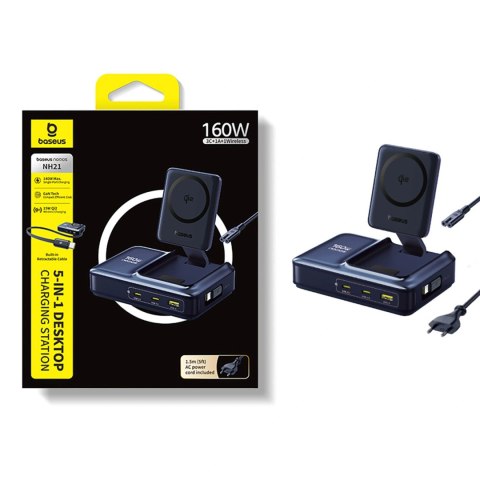 Stacja ładująca Baseus Nomos NH21 Qi2 160W 5w1 bezprzewodowa ze zwijanym kablem - czarna
