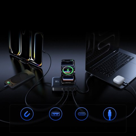 Stacja ładująca Baseus Nomos NH21 Qi2 160W 5w1 bezprzewodowa ze zwijanym kablem - czarna