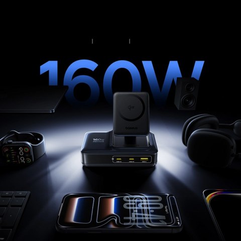 Stacja ładująca Baseus Nomos NH21 Qi2 160W 5w1 bezprzewodowa ze zwijanym kablem - czarna