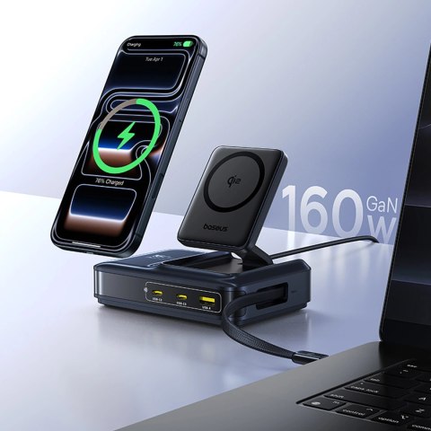 Stacja ładująca Baseus Nomos NH21 Qi2 160W 5w1 bezprzewodowa ze zwijanym kablem - czarna