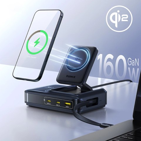 Stacja ładująca Baseus Nomos NH21 Qi2 160W 5w1 bezprzewodowa ze zwijanym kablem - czarna
