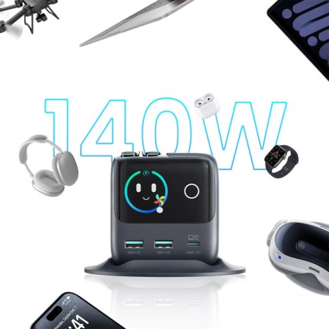 Ładowarka biurkowa Joyroom Podix JR-TRD01 GaN 140W z 5 portami i podwójnymi zwijanymi kablami - szara