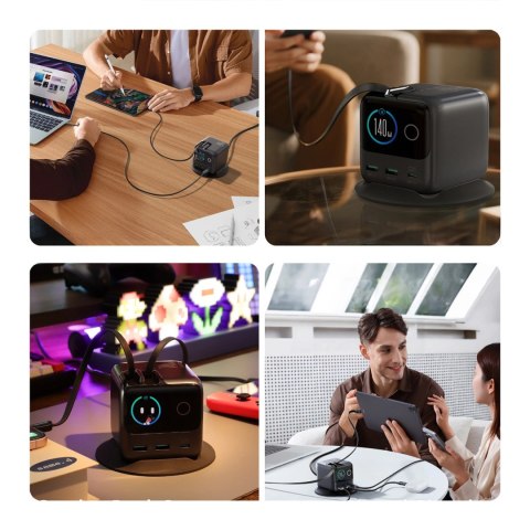 Ładowarka biurkowa Joyroom Podix JR-TRD01 GaN 140W z 5 portami i podwójnymi zwijanymi kablami - szara