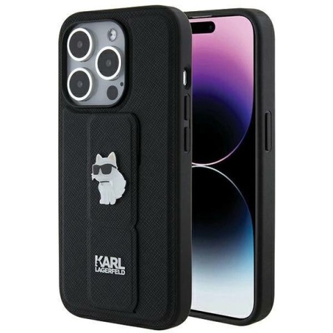 Etui Karl Lagerfeld Gripstand Saffiano Choupette Pins na iPhone 14 Pro Max - czarne