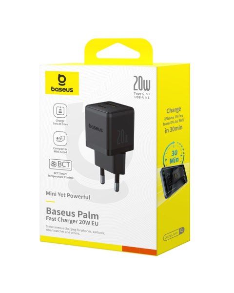 Baseus Palm Szybka Ładowarka Sieciowa 20W USB-C USB-A EU Czarny