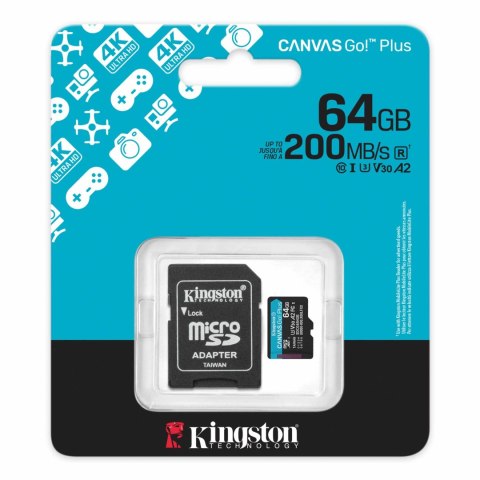 Kingston karta pamięci 64GB microSDXC Canvas Go Plus Gen4 200MB/s A2 U3 V30 Card + Adapter