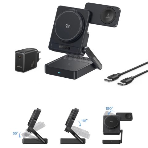 Ładowarka bezprzewodowa Baseus PicoGo AF21 3w1 Qi2.2 35W z zasilaczem EU 45W i kablem USB-C 1m - czarna