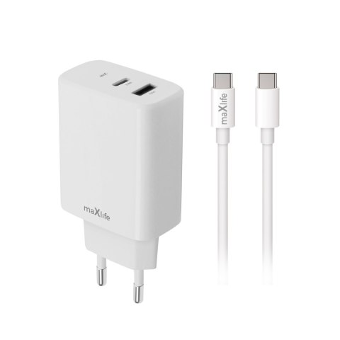 Maxlife ładowarka sieciowa PD QC MXTC-10-20AC 1x USB-C 1x USB 20W biała + kabel USB-C - USB-C 20W