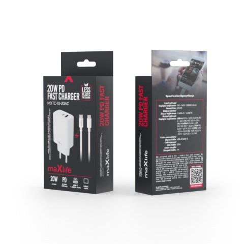 Maxlife ładowarka sieciowa PD QC MXTC-10-20AC 1x USB-C 1x USB 20W biała + kabel USB-C - USB-C 20W