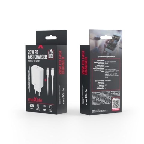 Maxlife ładowarka sieciowa PD QC MXTC-10-20C 1x USB-C 20W biała + kabel USB-C - USB-C 20W