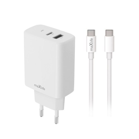 Maxlife ładowarka sieciowa PD QC MXTC-10-30AC 1x USB-C 1x USB 30W biała + kabel USB-C - USB-C 60W
