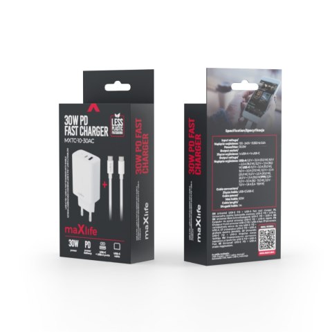 Maxlife ładowarka sieciowa PD QC MXTC-10-30AC 1x USB-C 1x USB 30W biała + kabel USB-C - USB-C 60W