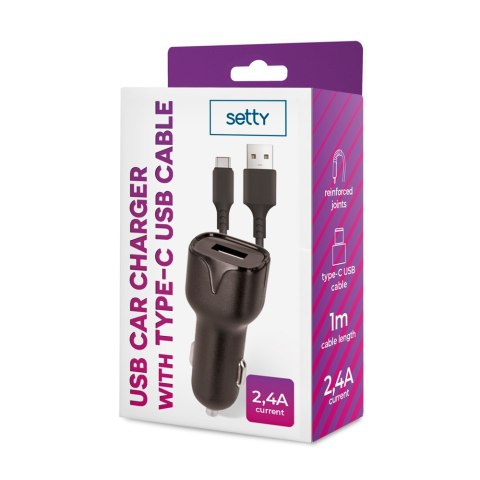 Setty ładowarka samochodowa 1x USB 2,4A czarna + kabel USB-C 1,0 m NEW
