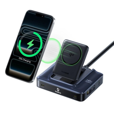 Stacja ładująca Baseus Nomos NH21 6w1 245W bezprzewodowa z dwoma zwijanymi kablami USB-C - czarna