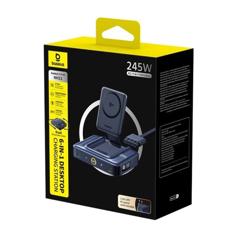 Stacja ładująca Baseus Nomos NH21 6w1 245W bezprzewodowa z dwoma zwijanymi kablami USB-C - czarna