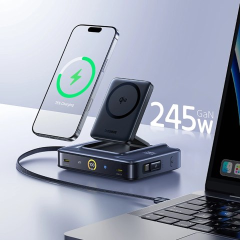 Stacja ładująca Baseus Nomos NH21 6w1 245W bezprzewodowa z dwoma zwijanymi kablami USB-C - czarna