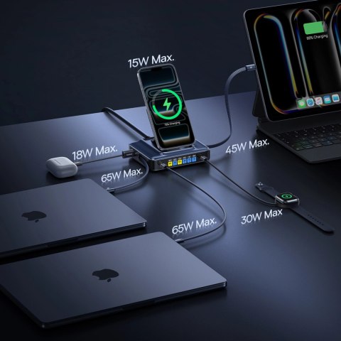 Stacja ładująca Baseus Nomos NH21 6w1 245W bezprzewodowa z dwoma zwijanymi kablami USB-C - czarna