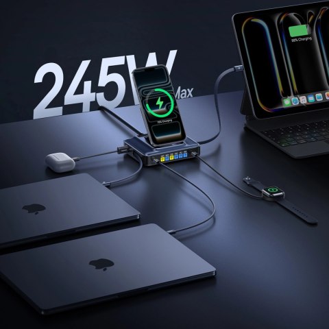 Stacja ładująca Baseus Nomos NH21 6w1 245W bezprzewodowa z dwoma zwijanymi kablami USB-C - czarna