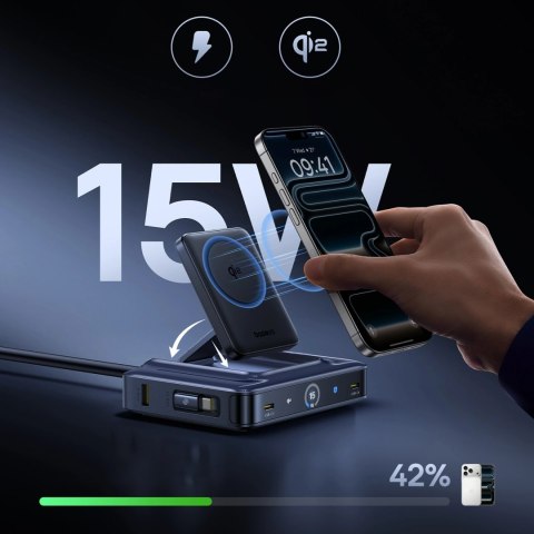 Stacja ładująca Baseus Nomos NH21 6w1 245W bezprzewodowa z dwoma zwijanymi kablami USB-C - czarna