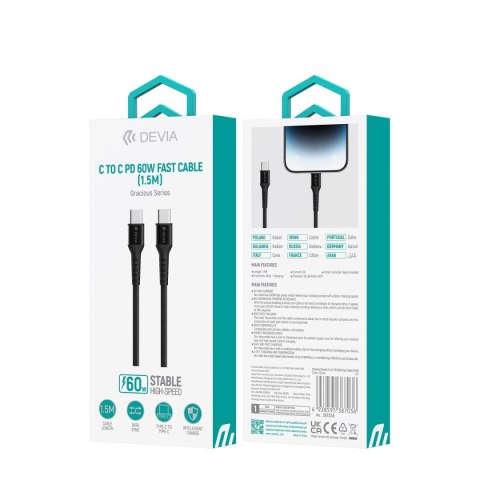Devia kabel Gracious EC318 PD USB-C - USB-C 1,5 m 60W 3A czarny Devia kabel Gracious EC318 PD USB-C - USB-C 1,5 m 60W 3A czarny