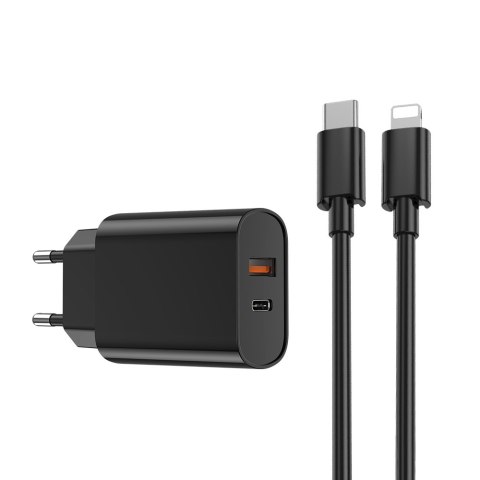 WIWU ładowarka sieciowa Wi-U002 PD + QC 20W 1x USB 1x USB-C czarna + kabel USB-C - Lightning WIWU ładowarka sieciowa Wi-U002 PD + QC 20W 1x USB 1x USB-C czarna + kabel USB-C - Lightning