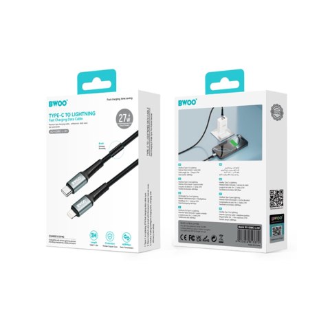 BWOO kabel Pleciony USB-C - Lightning 3m 30W czarny