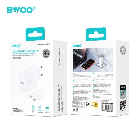 BWOO ładowarka sieciowa CDA233 PD 20W 1x USB-C biała + kabel USB-C - USB-C