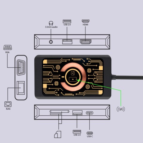 QUALO Transparent HUB USB-C HDMI z funkcją ładowarki bezprzewodowej QTPB5-HUB-18 czarny