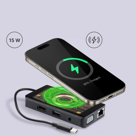 QUALO Transparent HUB USB-C HDMI z funkcją ładowarki bezprzewodowej QTPB5-HUB-18 czarny